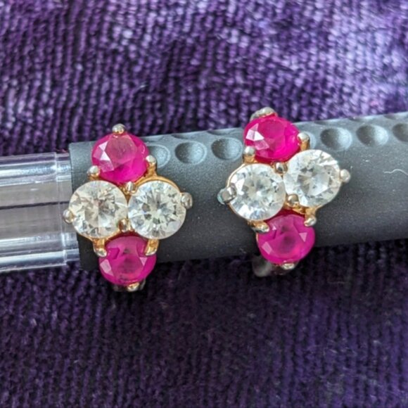 Vintage 9K Gold Plated Huggies Earrings With Deep Pink Ruby Stones - Picture 10 of 10